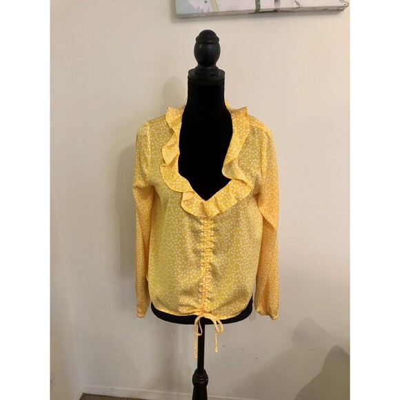 Express Yellow White Polka Dot V-Neck Cinched Blouse Size Medium NEW - Picture 1 of 6